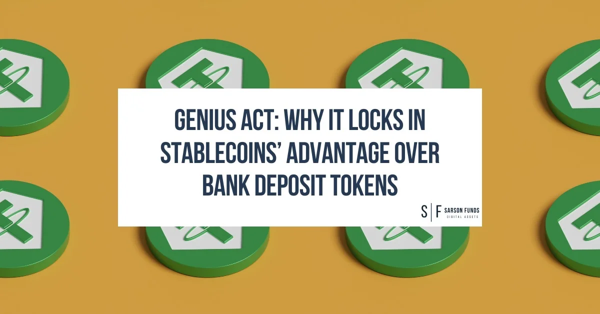 Tether stablecoin icons on gold background with headline "GENIUS Act: Why It Locks In Stablecoins’ Advantage Over Bank Deposit Tokens"