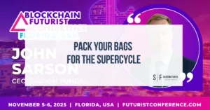 Pack Your Bags for the Super Cycle keynote title screen at Blockchain Futurist Conference 2025
